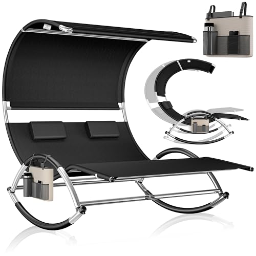 KESSER® Doppel Doppelliege Sonnendach, Kopfkissen Tasche für 2 Personen, Relaxliege, Gartenliege, Schaukelliege ergonomische Liegefläche, 240 kg Belastung, Seitentasche, Schwarz