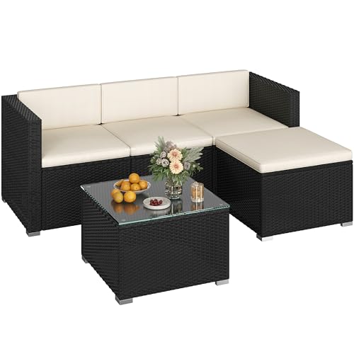 Yaheetech 5er Gartenmöbel Set Balkonmöbel Set aus PE-Rattan Wetterfest Terassenmöbel Außen mit 2 Ecksofa & Sofa & Stuhl & Beistelltisch & Sitzkissen für Garten/Balkon/Terrasse, Schwarz & Beige