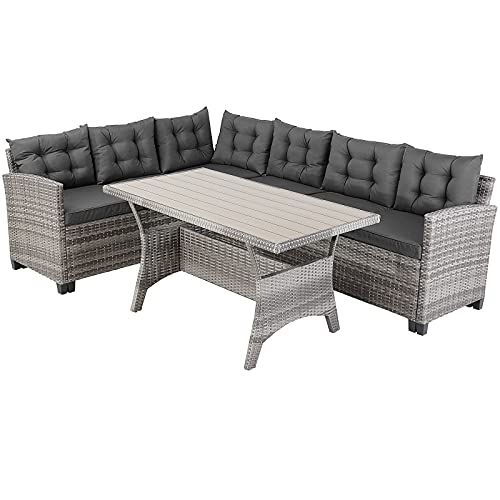 Casaria® Polyrattan Ecklounge Set WPC Esstisch Ecksofa inkl. 7 cm Sitzauflagen 15 cm Kissen Wetterfest Outdoor Lounge Garten Terrasse Balkon Möbel Grau