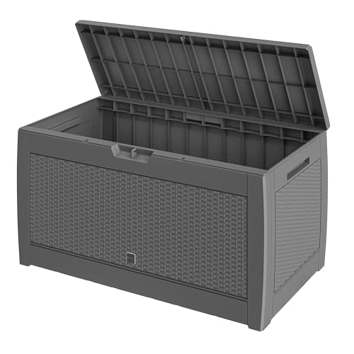Casaria® Gartenbox Grau UV-beständig 310L Haltegriffe Rollen Terrasse Balkon Wohnzimmer Wintergarten Truhe Auflagenbox Kissenbox 119x48cm Rattan-Optik