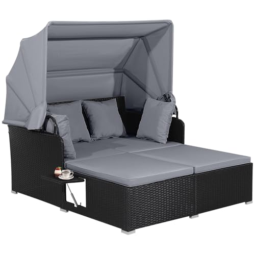 GIANTEX Sonneninsel, 2 Personen faltbarem Sonnendach, Liegeinsel klappbaren Tablett & Kissen, Gartenlounge Gartenmuschel Daybed Outdoor (Grau)