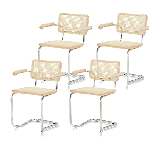 KHG 4er Set Schwingstühle Freischwinger mit Armlehnen Chrom - Rückenlehne und Sitzfläche aus Massivholz Buche und Rattan - Esszimmerstuhl, Küchenstuhl Design Stuhl mit Wiener Geflecht