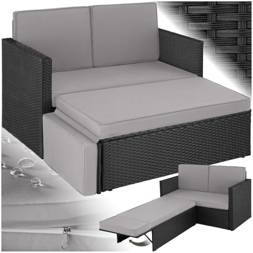 tectake® Sofa Set   2 Sitzer Sessel Hocker und Schlaffunktion, kleine Couch als Gartenmöbel, wetterfest für, und, klappbar imprägnierten Polstern   Schwarz