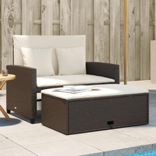 IKAYAA Rattan Lounge, Gartensofa 2 Sitzer, Balkon Lounge Klein, Gartensofa, Rattan Sofa mit Schlaffunktion, Gartensofa mit Hocker mit Stauraum, Balkon Couch, Braun und Creme