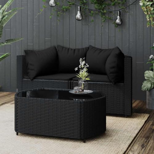 QJBSAVVA 3 Teiliges Gartensofa Set Schwarz Glas Couchtisch Kissen Modular platzsparend für Balkon Terrasse