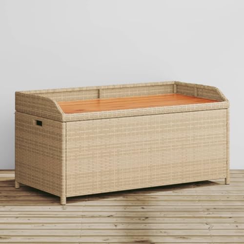 Refined Gartenbank Gartentruhe Sitzbank Kissentruhe Kissenbox Truhenbank Auflagenbox Gartenmöbel Bank Bank mit Stauraum Beige 100x50x52 cm Poly Rattan Akazienholz