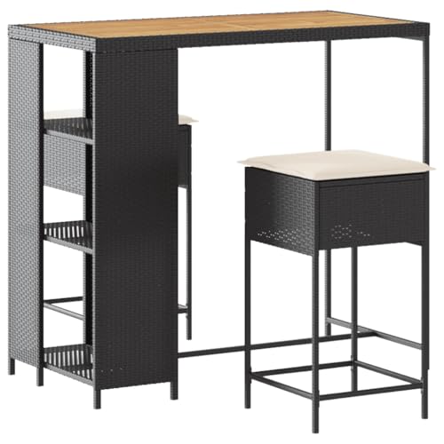 vidaXL 3., Gartenmöbel mit Kissen, Bartisch Stehtisch Barhocker Barstuhl, Theke Tresen Gartentheke, Schwarz