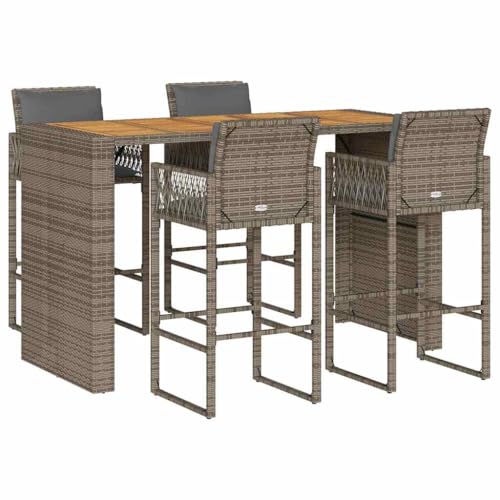 vidaXL 7-TLG. Gartenbar-Set mit Kissen Grau Poly Rattan Akazie, Garten Bar Set, Outdoor Bar Set, Bartisch und Stühle, Gartenbar, Bar Set Terrasse