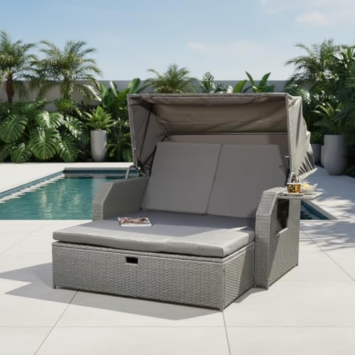 Mucola Strandkorb inkl. Sonnenschutz Polyrattan Sonnenbett inkl. verstellerbarer Rückenlehne und klappbaren Seitentischen Outdoor Lounge wetterfest