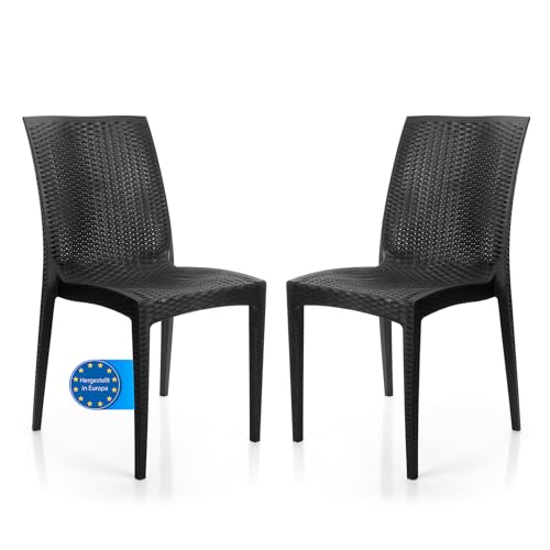 BigDean 2er Gartenstuhl Dalia Rattan Optik in Anthrazit – stapelbarer Campingstuhl belastbar bis 110kg – wetterfester Essstuhl für Indoor + Aktivitäten & Feiern geeignet – Made in Europe