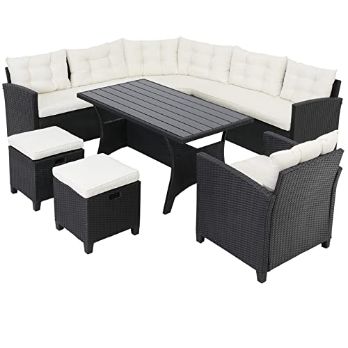 Casaria® Polyrattan Ecklounge Set WPC Esstisch Ecksofa Sessel 2 Hocker inkl. Sitzauflagen Kissen Wetterfest Outdoor Garten Möbel