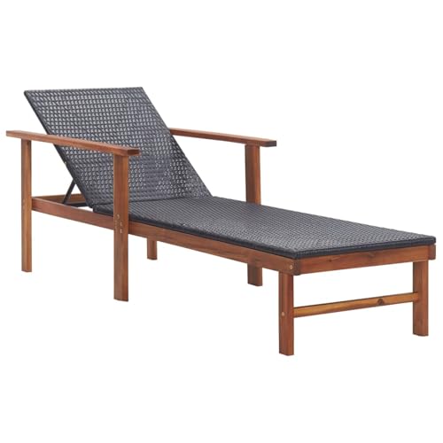 Homgoday Poly Rattan Sonnenliege Schwarz - Gartenliege mit Akazienholzrahmen, 200x55x56 cm, für Pool & Terrasse Gartenstühle, Gartenmöbel Model48706