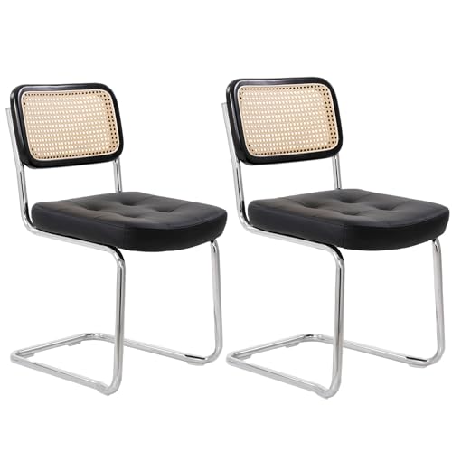 SEHAUSEU Rattan Esszimmerstuhl Freischwinger Stühle (Set, 2 Stück) Polsterstuhl Küchenstuhl Wohnzimmerstuhl mit Rückenlehne, Belastbarkeit 130 Kg (Schwarz)