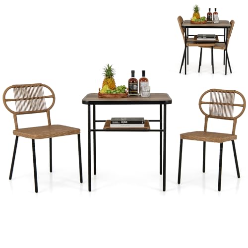 COSTWAY 3 TLG. Gartenmöbel Set, Balkonmöbel mit 2 Rattanstühle & Esstisch, Terrassenmöbel Platzsparend, Sitzgruppe Outdoor für Terrasse, Balkon, Garten