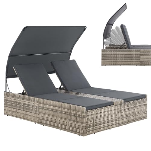 Juskys Polyrattan Doppelliege Syros   Garten Sonnenliege für 2 Personen   Outdoor Liege mit Dach & Auflagen   Kopfteil verstellbar   Grau meliert