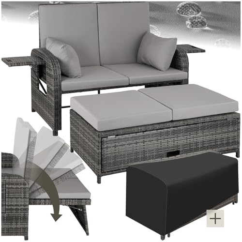 tectake® Poly Rattan Geflecht Lounge Set mit Hocker, Polsteraufbewahrung, 2er Sofa, Couch mit Verstellbarer Rückenlehne, wetterfest, Möbel für Balkon, Garten, Terrasse, Schutzhülle - grau