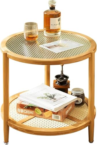 GWWBD 2-stufiger runder Couchtisch, Kleiner Aufbewahrungssofatisch, mit Rattanregal, für kleinen Raum – Schlafzimmer, Balkon, Nachttisch