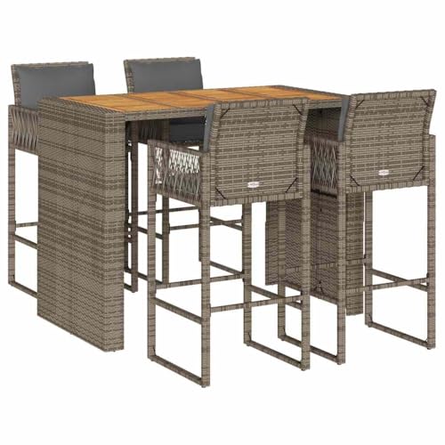 vidaXL 5-TLG. Gartenbar-Set mit Kissen Grau Poly Rattan Akazie, Garten Bar Set, Outdoor Bar Set, Bartisch und Stühle, Gartenbar, Bar Set Terrasse