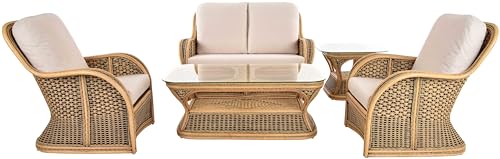 Krines Home Exklusives Rattan Wohnzimmerset Carlo Wintergarten Rattangarnitur für 4 Personen Sitzgruppe Rattanmöbel (Vintage Braun)