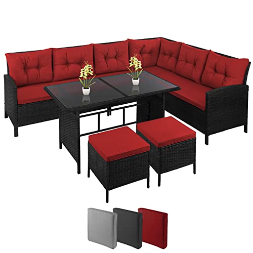 Montafox Poly Ecklounge 7 Personen Eckbank Tisch 2 Hocker Sitzkissen 5cm Gartengarnitur Sitzgruppe Ecksofa Sitzecke Eckgarnitur Wintergarten, Farbe:Abendsonne