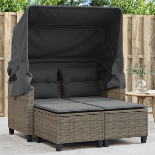 KOIECETA Gartensofa 2-Sitzer mit Dach Hockern Outdoor Sofa Gartenmöbel Garten Lounge Set Terrasse Terrassenmöbel Zweisitzer Grau Poly Rattan