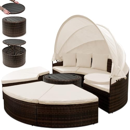 Casaria® Sonneninsel Lounge Set ø185cm Polyrattan Faltbares Sonnendach Ausziehtisch 7cm Auflagen Wetterfest Outdoor Sonnenliege Gartenliege Braun