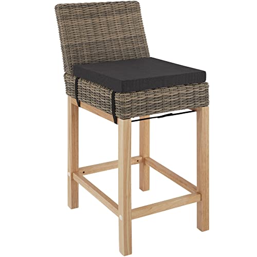 tectake® Alu mit Lehne, Bar Hocker mit Kissen und Fußstütze, 45 x 62,5 x 99 cm, Outdoor Holz Beine, wetterfest, Bistro Hocker für Theke, Balkon, Garten, Terrasse   Natur