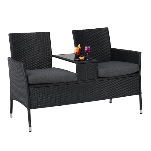 Albatros Antonio – Polyrattan Bank – 2 Sitzer Tischplatte aus Glas – UV beständig wetterfest – Stoffpolster – 134x82x55cm schwarz – VIP Relax Sitzbank Poly Rattan Outdoor Tisch Kissen