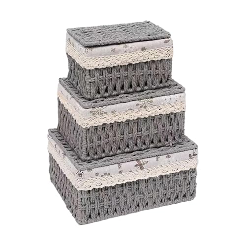 Hocadrv 3 Stück Aufbewahrungskorb Aufbewahrungsbox mit Deckel Körbchen Geflochten mit Futter Aufbewahrungsbox Bad Badorganizer Rattan Korb für Spielzeug Küchen Schlafzimmer(Grau)