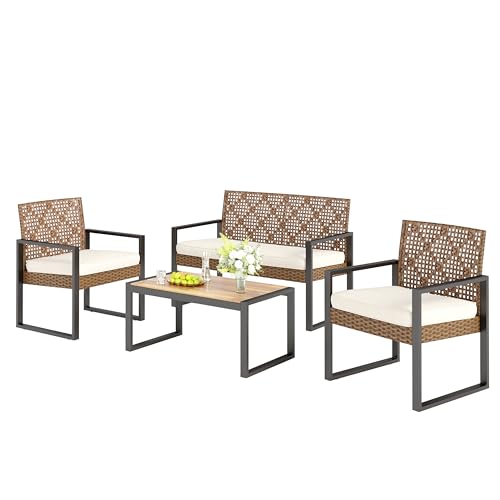 PHI VILLA Gartenmöbel Balkonmöbel Set mit 1 x 2-Sitzer Sofa, 2 x Sessel und 1 x Tisch, 4 Personen Outdoor Lounge Möbel Gartensofa. Wetterfest Rattan Balkon Lounge für Garten Terrasse, Beige & Braun