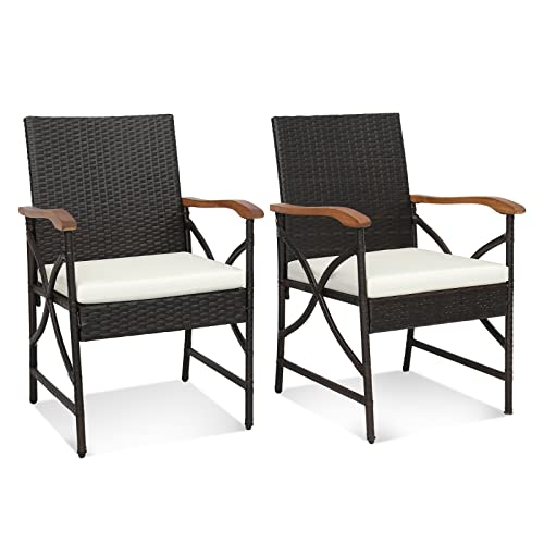 COSTWAY 2er Rattan Stühle Set, Polyrattan Gartenstuhl Holz, Gartensessehl mit Sitzkissen, Rattansessel Gartenstühle für Outdoor Terrasen Balkon Garten (X Design, 62 x 56 x 89 cm)