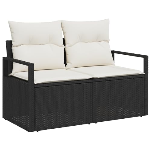 vidaXL Outdoor mit Kissen, wetterfestes Poly, Zweisitzer für Patio oder Garten, modernes Design, abnehmbare Kissenbezüge, Schwarz und Creme Farb, Balkonmöbel, gepolstertes