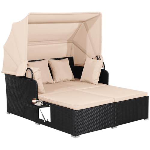 GIANTEX Sonneninsel Sonnenliege Set Rattan, Gartenliege 2 Personen faltbarem Sonnendach, Doppelliege Liegeinsel klappbaren Tablett & Kissen, Gartenlounge Gartenmuschel Daybed Outdoor (Khaki)