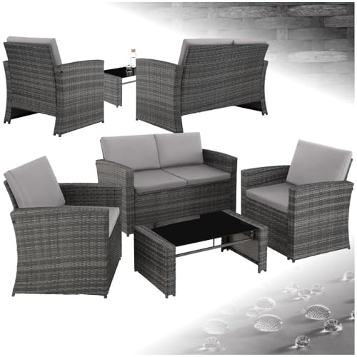tectake Lounge Gartenmöbel Set Poly Rattan für den Garten, Möbel für den Balkon, 12-teilige Garten Lounge (wetterfest), Essgruppe mit Outdoor Sofa, Sessel und Tisch für 4 Personen (Grau/Hellgrau)
