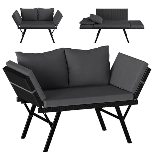 STEELSØN Gartenbank mit Auflagen Elytra, Sonnenliege Sitzbank Bank Gartenliege 4 verstellbare Positionen der Armlehne, Gartenmöbel Balkonbank 177 cm Anthrazit Poly Rattan