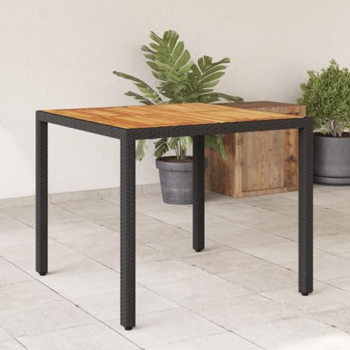 Mokuyary Gartentisch mit Holzplatte Schwarz 90x90x75 cm Poly Rattan Esstisch Holz Esszimmertisch, Funktionstisch, Esstisch Outdoor, Stabiler Garten Terrasse o Balkon Tisch