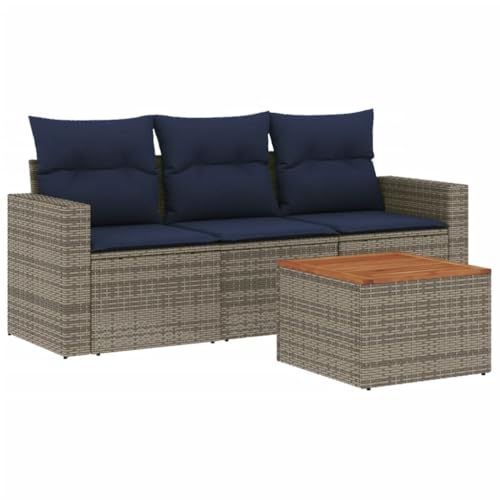 vidaXL Garten Sofa Garnitur 4-TLG., Gartenmöbel Set mit Kissen, Sitzgruppe für Garten Terrasse, Modular Gartensofa Lounge Tisch, Grau Poly Rattan
