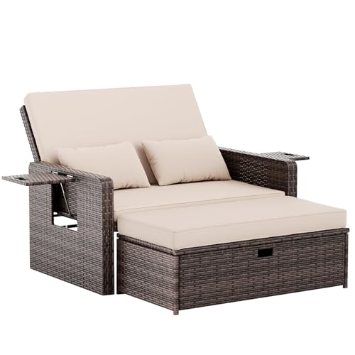 Amopatio Gartenlounge Set, 2 Sitzer Gartensofa Verstellbarer Rückenlehne und Stauraum, Wetterfestes Möbel für und, Hocker und Kissen, Braun