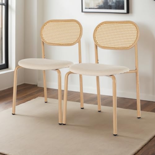 DAHUEN Set mit 2 Esszimmerstühlen aus Rattan, 47 x 50 x 80 cm, mit Rückenlehne, gepolsterter Sitz, 4 verstellbare Beine, bequeme Stühle für Wohnzimmer, Boho-Stil, Natur