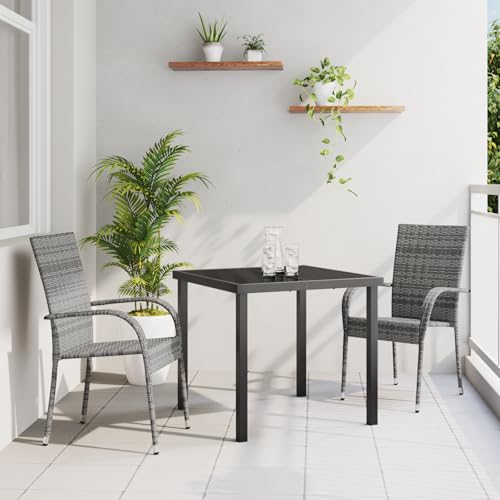 IBUQDDV 3-teiliges Garten-Esstisch-Set aus Grauem Poly-Rattan mit Stapelstühlen und Stahlrahmen - Wetterfeste Outdoor-Möbel für Terrasse und Balkon