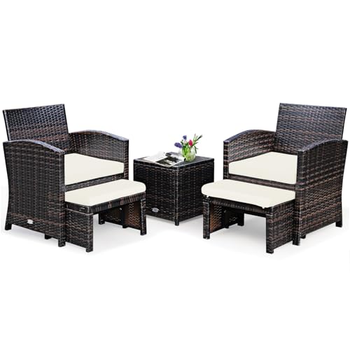 GIANTEX 5er Set Rattan Gartenmöbel, Balkonmöbel Kleiner Balkon, Balkon Möbel 2 Hocker, Gartenlounge Set Terrassenmöbel Tisch, Gartengarnitur Gartenset Möbel (Weiße Kissen)
