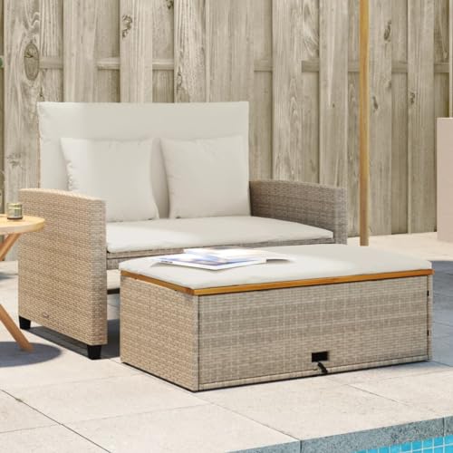 IKAYAA Rattan Lounge, Gartensofa 2 Sitzer, Balkon Lounge Klein, Gartensofa mit Hocker, Rattan Sofa mit Schlaffunktion, Gartensofa mit Hocker mit Stauraum, Balkon Couch,Beige und Creme