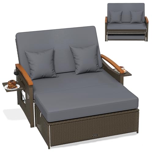 COSTWAY 3 in 1 Polyrattan Sonnenliege, Gartenliege mit Verstellbarer Rückenlehne & ausklappbarem Seitenablage, Loungebett, Doppelliege mit Auflage, Gartensofa mit Hocker für Garten, Terrasse (Grau)