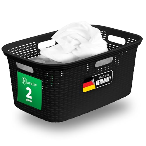 Novaliv 2 Stück Rattan Wäschekorb mit 4 Griffen 40L Schwarz, Wäschebox Set Wäscheeimer Wäschebehälter für Bad Wäsche Schmutzwäsche, Wäschekörbe Haushalt Zubehör Wäschetonne Sammler