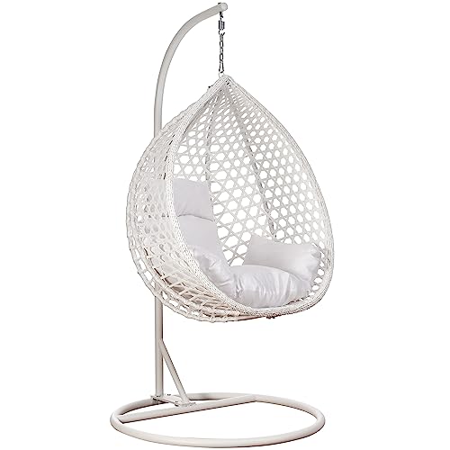 RAMROXX Luxus Hängesessel Style XXL Rattan Korb und Gestell Weiss mit Relaxkissen Weiss