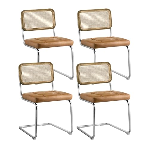 Zouron Stühle 4er Set Schwingstuhl mit echt Eichenholz - Wiener Geflecht Küchenstühle, Gelbbraun Rattan Stuhl Freischwinger Stühle, Kunstledersitz Metallgestell Esszimmerstühle Rocking Chairs