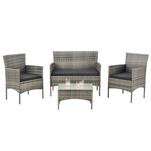 Juskys Polyrattan Sitzgruppe Fort Myers 4 Personen mit 2er Sofa, 2 Stühle, Tisch & Sitzkissen wetterfest grau meliert Balkonmöbel Gartenmöbel Set