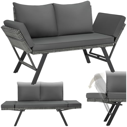 tectake® Rattan Loungesofa und Sonnenliege, Gartenmöbel, Lounge Möbel Outdoor, Sitzbank mit Schlaffunktion, Couch mit klappbarer Armlehne, Balkonmöbel, Gartenbank, Sofa, Balkon Möbel - grau