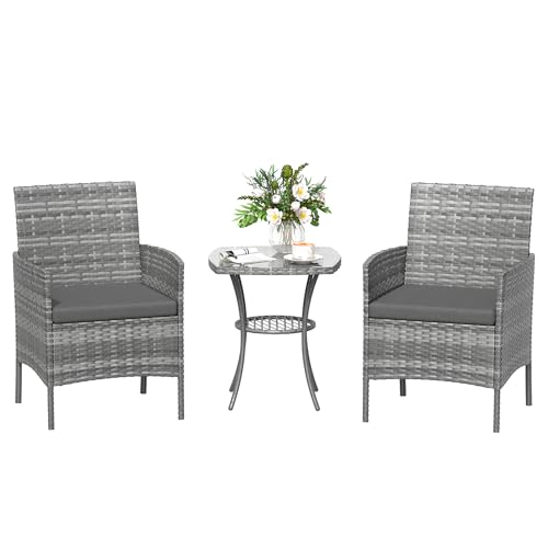 Amopatio Rattan Gartenmöbel Set, Balkonmöbel Set Kleiner 3 teilig, Outdoor Gartenlounge Wetterfest, Bistrotisch mit 2 stühlen, Terrassenmöbel für Terrasse, Balkon, Garten, Grau