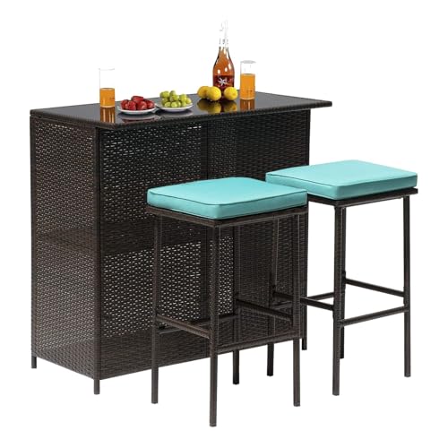 Calma Lux® Polyrattan Gartenbar Set Gartenmöbel Sitzgruppe Rattan Bar Tresen Theke Tisch Barset Bartisch Stehtisch Gartentheke Barhocker Bar-Stuhl Sitzgruppe (Braun&Blau-Grün)